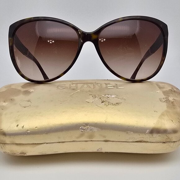 Chanel 5225-Q 714/3B Tortoise Brown Leather Frame Brown Lens Sunglasses w/ Case - Picture 1 of 15